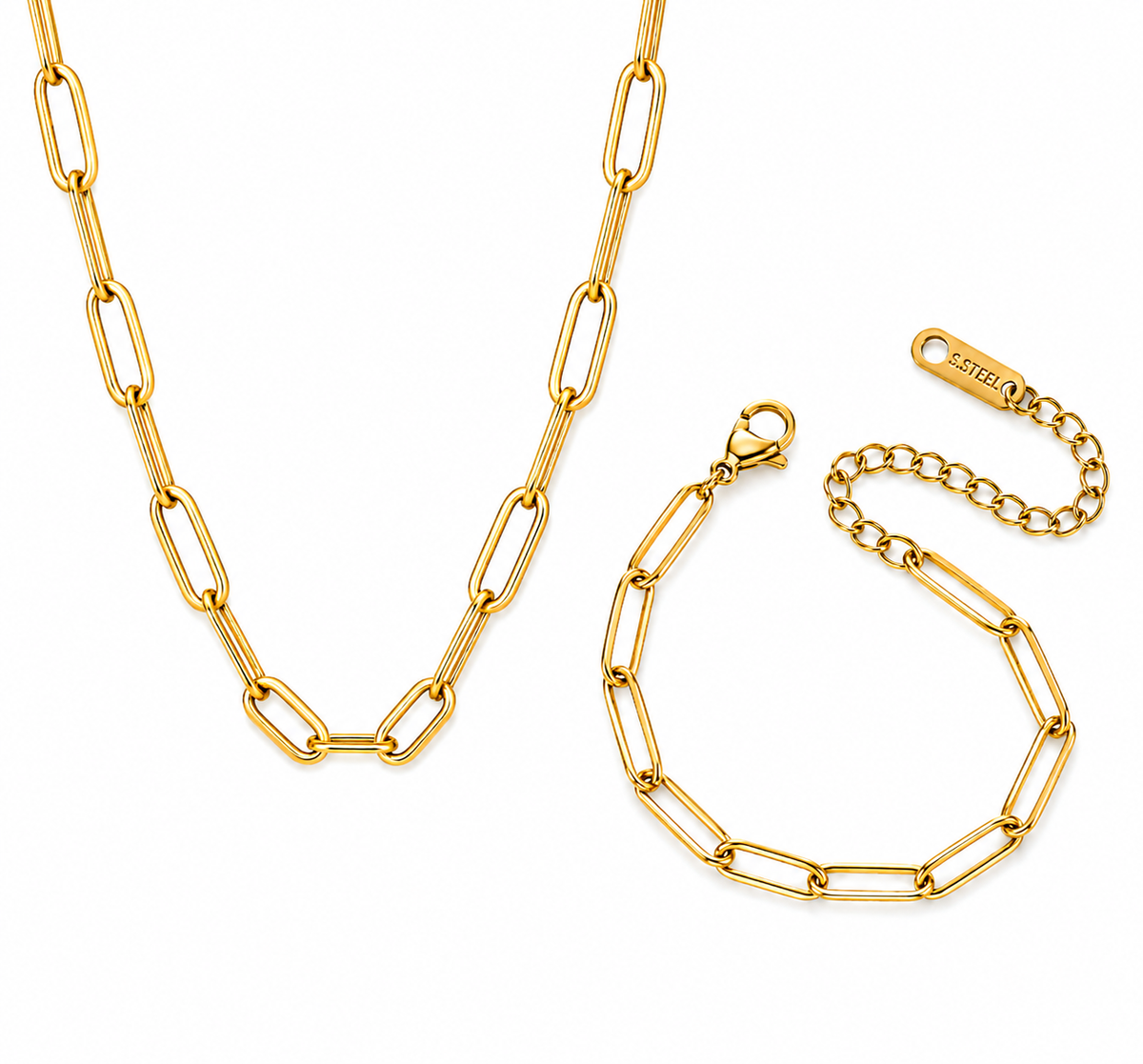 Gold paperclip link necklace and matching bracelet with lobster clasp and extender chain displayed on a white background.