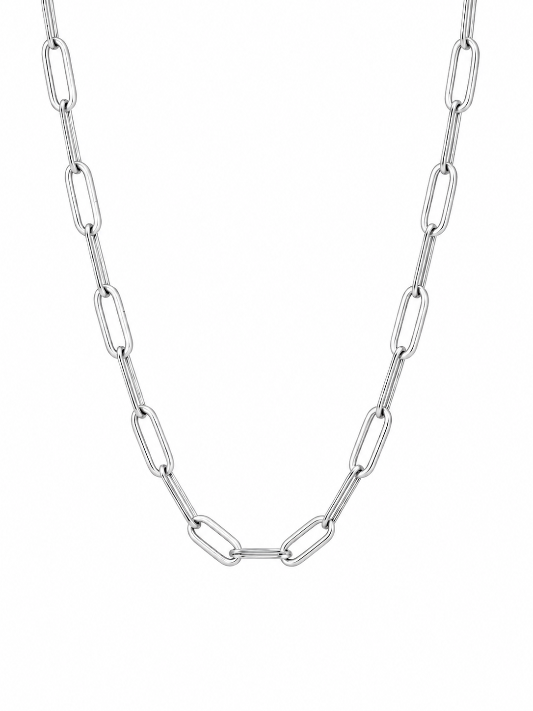 A silver paperclip chain necklace displayed in a U-shape against a plain white background.