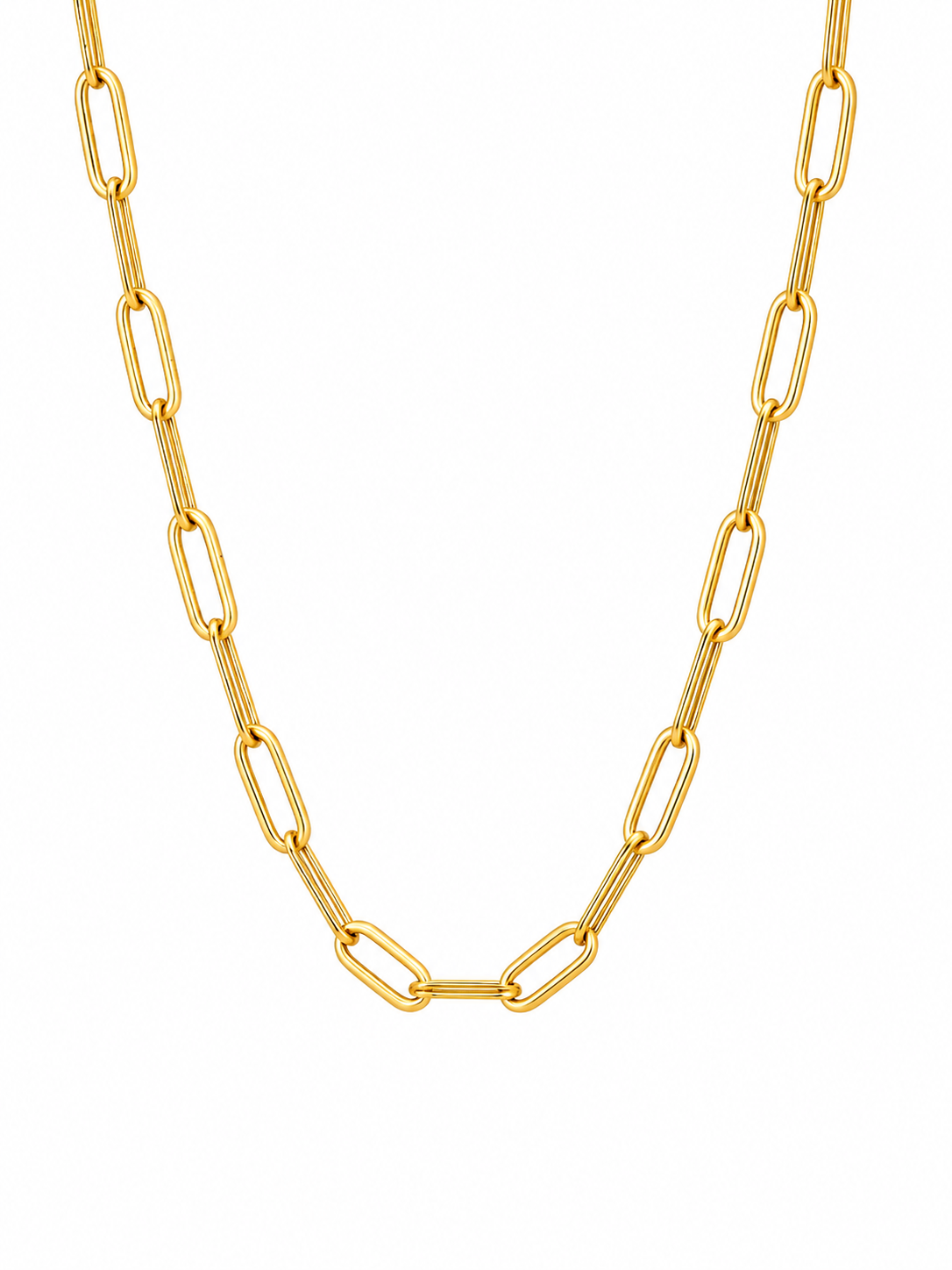 A gold paperclip chain necklace displayed against a solid white background.