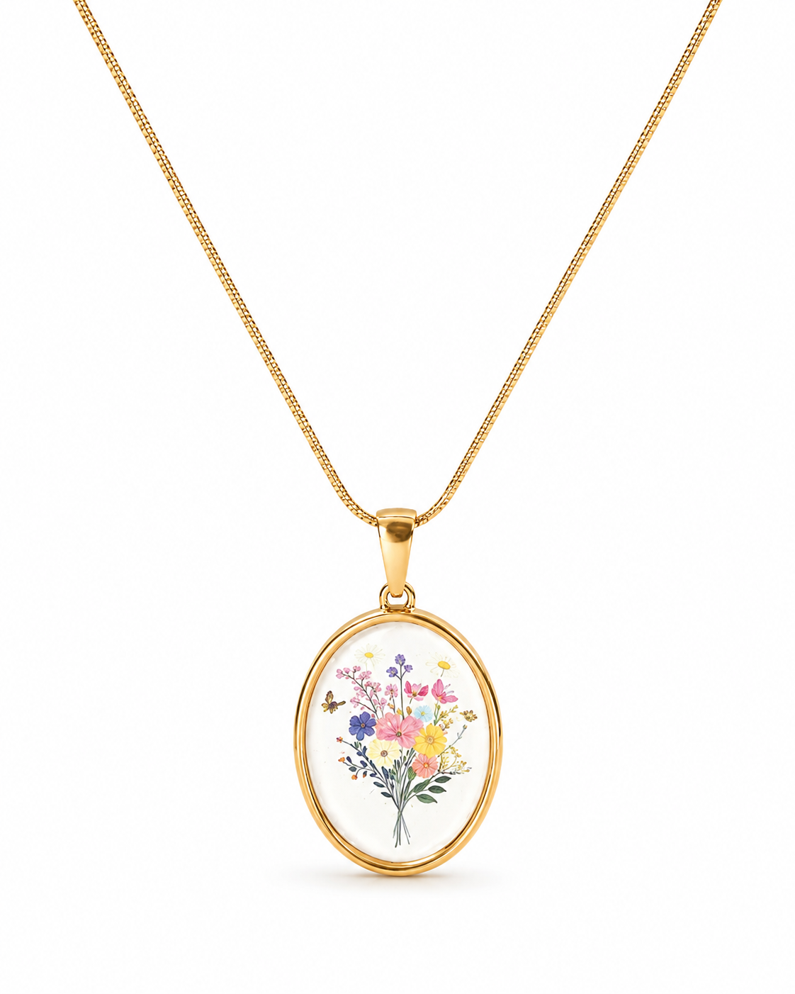 A gold chain necklace with an oval pendant featuring a colorful watercolor-style bouquet of flowers, shown on a clean white background.
