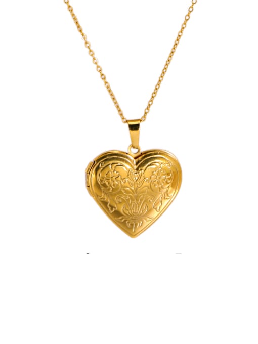 A gold heart-shaped locket pendant necklace with an engraved floral pattern, hanging from a delicate gold chain against a plain white background.