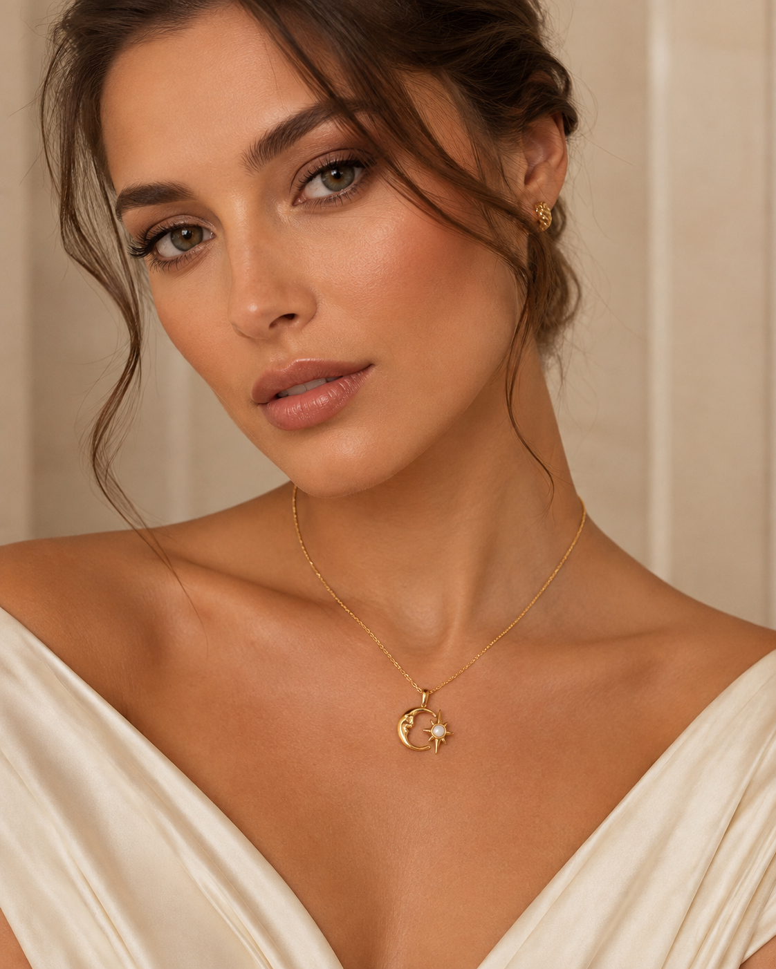 A close-up of a woman wearing a delicate gold crescent moon and star pendant necklace, paired with a matching small gold stud earring and an off-white satin top.