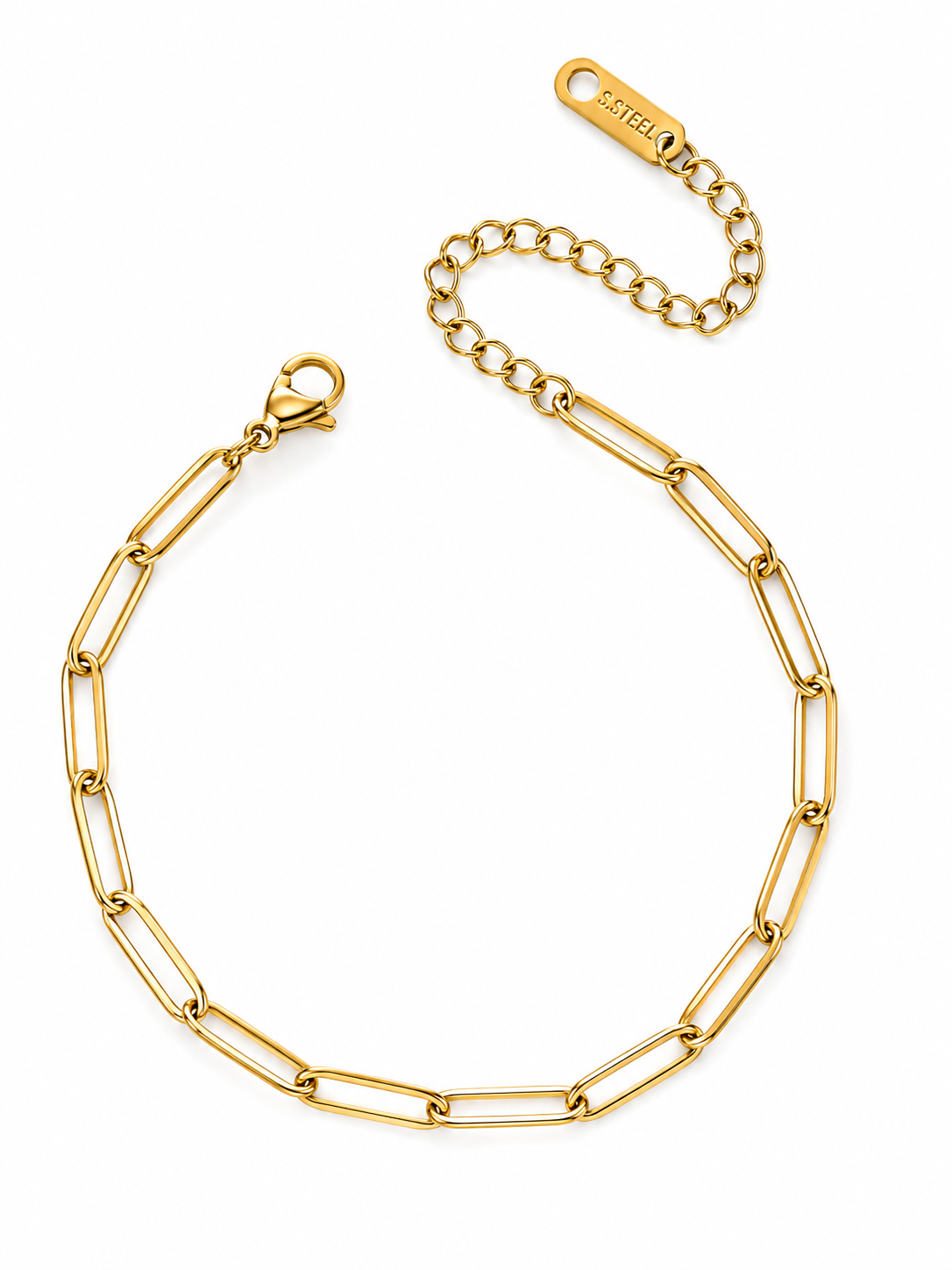 A gold paperclip chain bracelet with a lobster clasp and an adjustable extender chain featuring a branded clasp that reads 'steel'.