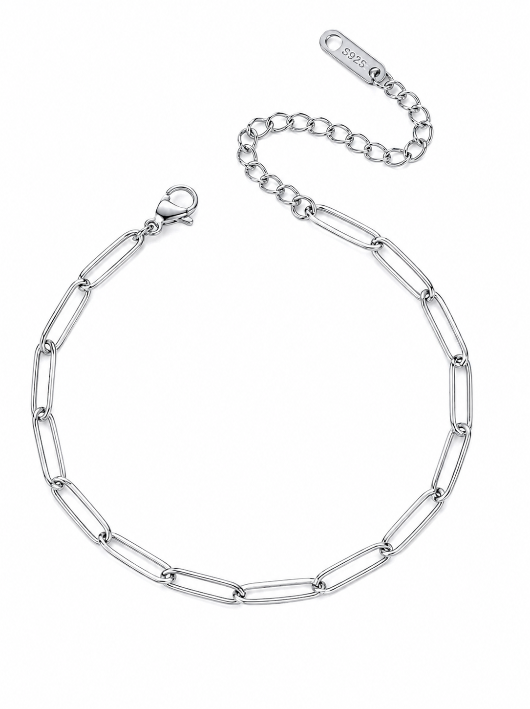 A silver paperclip link chain bracelet with a lobster clasp and an adjustable extender chain, shown on a plain white background.